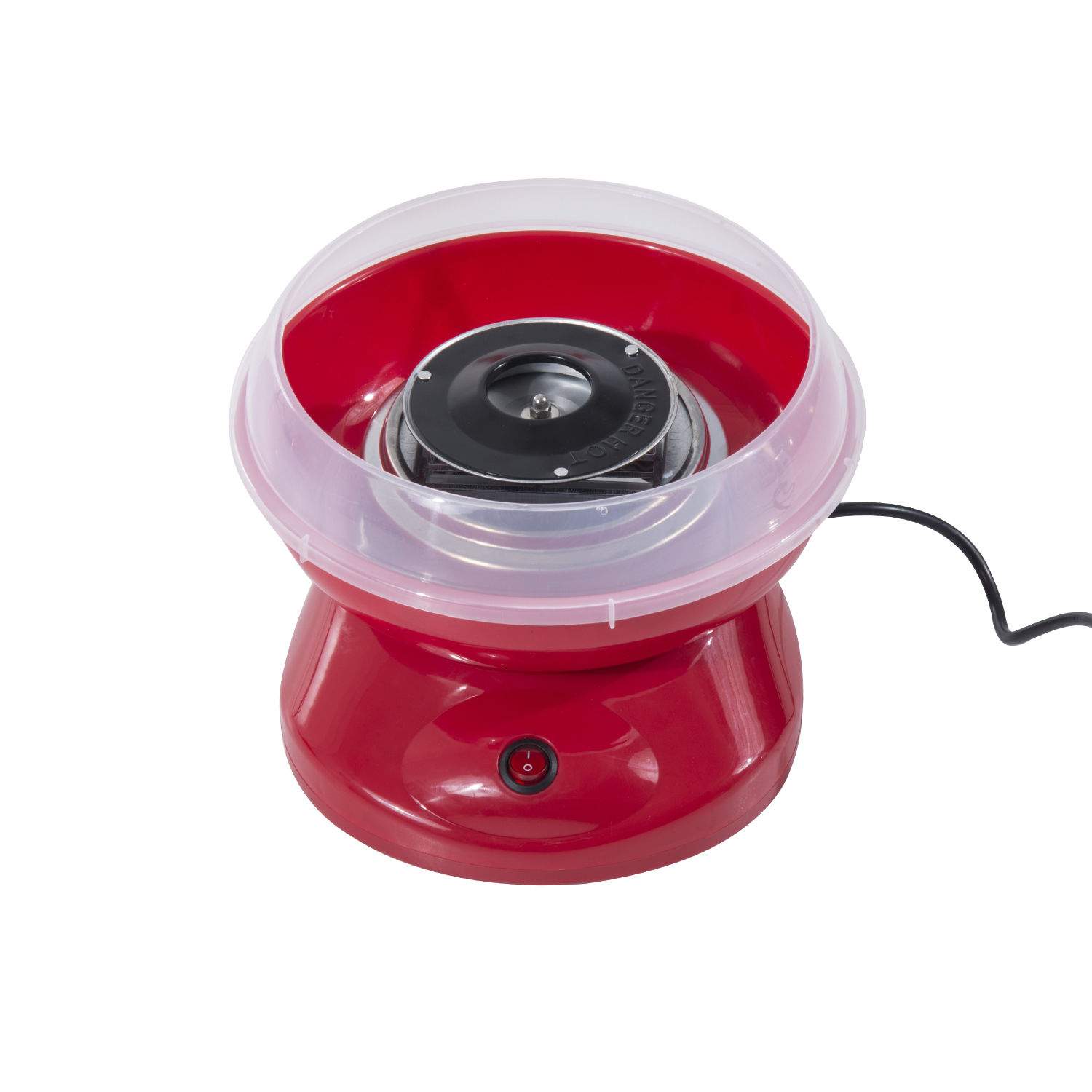 Máquina de algodón de azúcar roja con tapa de plástico transparente. Cable negro y interruptor rojo.