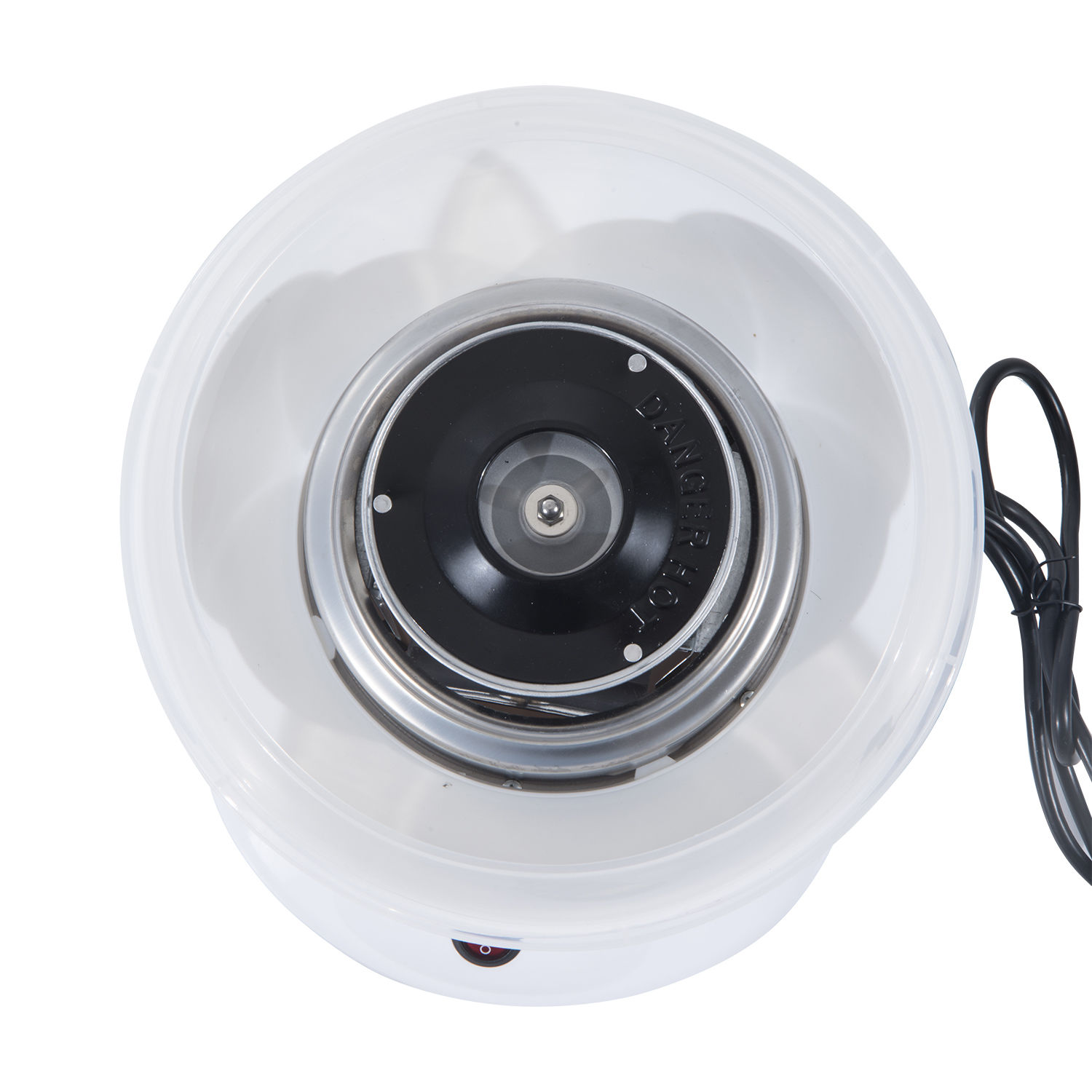 Máquina de algodón de azúcar. Vista superior muestra un bol blanco con centro negro.