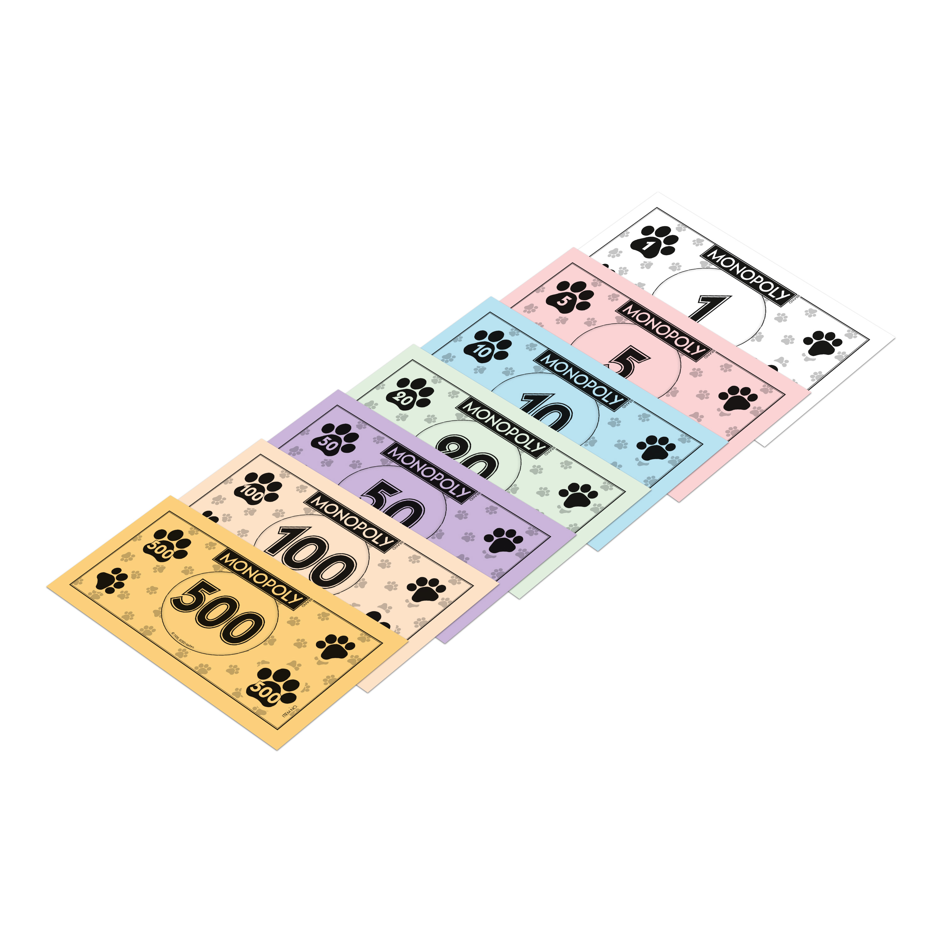 Monopoly-Geld, verschiedene Stückelungen, mit Pfotenabdruck-Design, auf weißem Hintergrund.