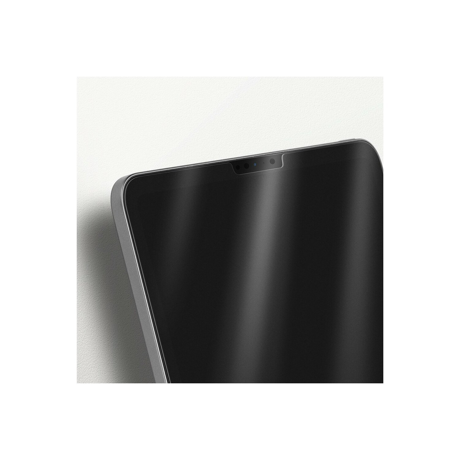 Ein schwarzes Tablet mit Notch-Display, silbernem Rahmen und weißem Hintergrund.