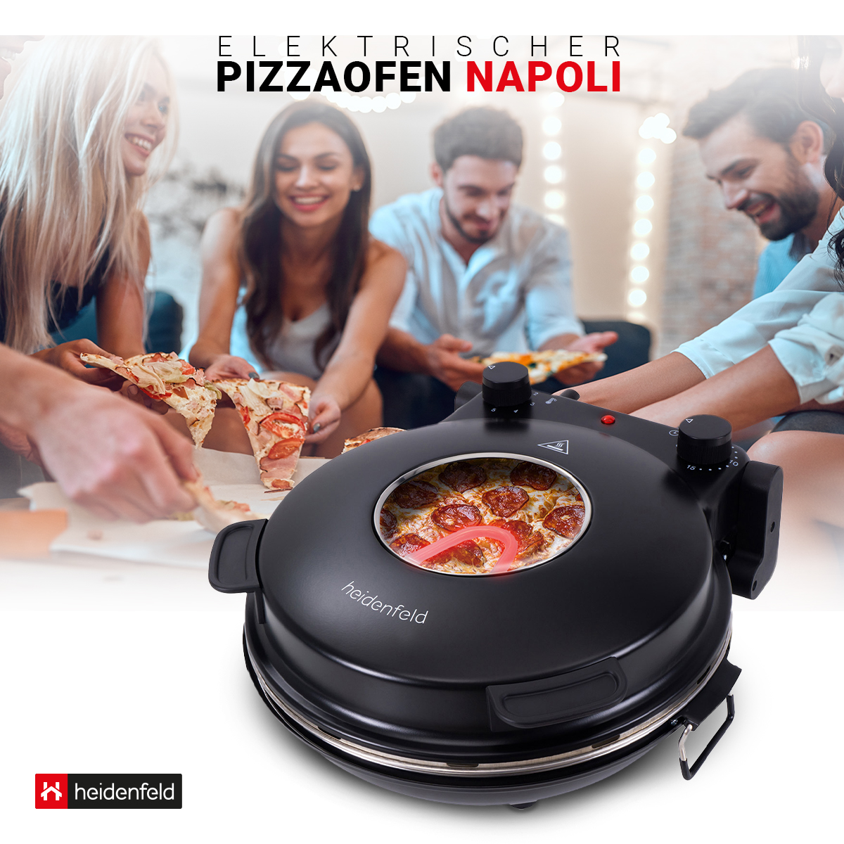 Ein schwarzer Pizzaofen mit einer Pizza darin. Menschen versammeln sich darum. Text sagt elektrischer Pizzaofen.