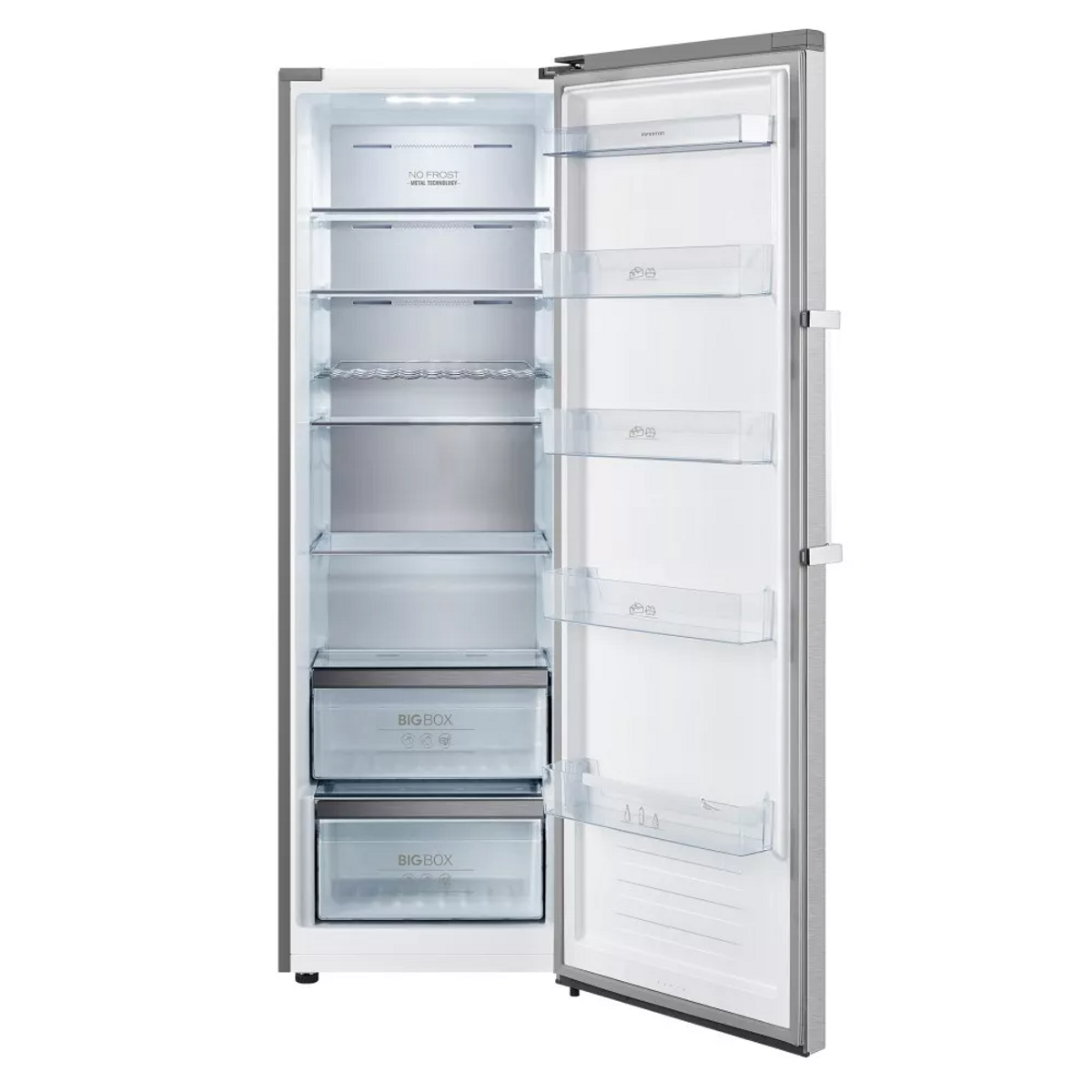 Un refrigerador con la puerta abierta que muestra estantes, cajones y almacenamiento.