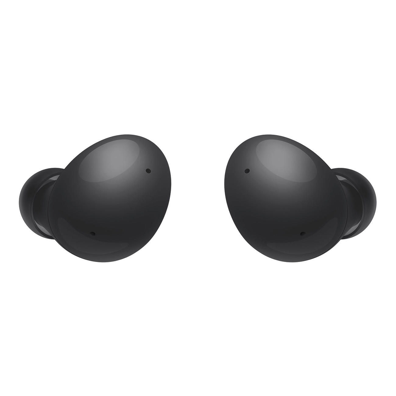 Zwei schwarze, abgerundete Ohrhörer liegen auf einer weißen Oberfläche und blicken sich an.