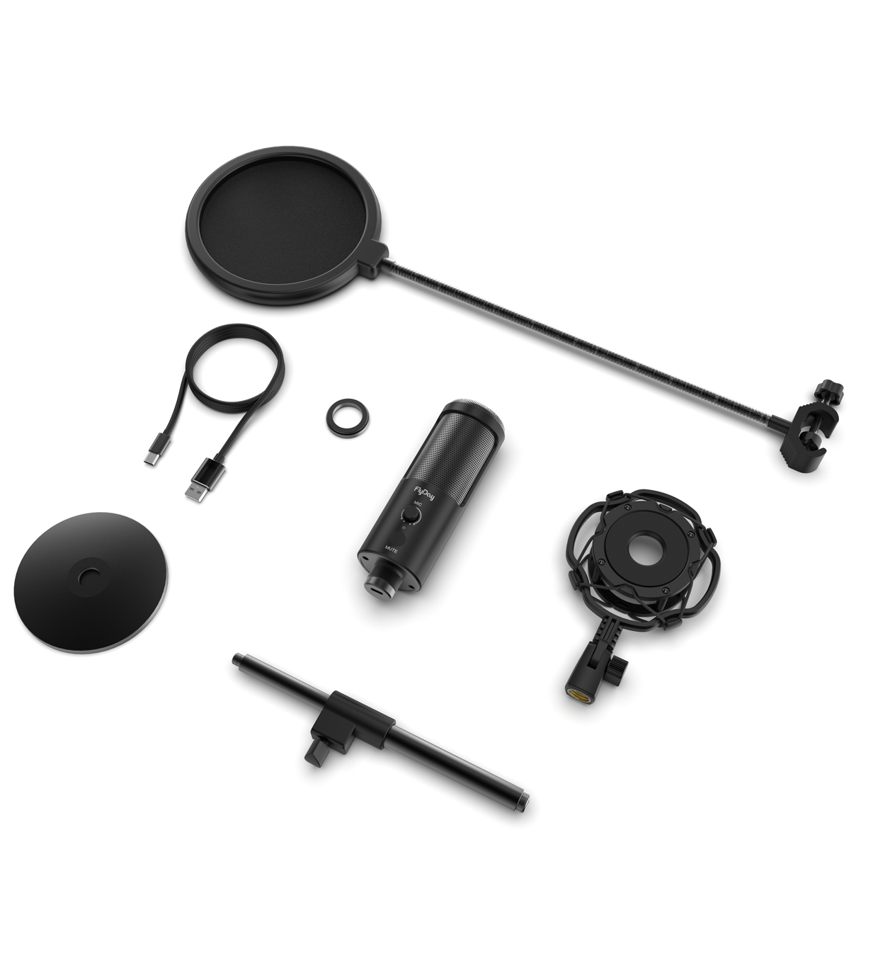 Schwarzes Mikrofon-Set. Enthält Mikrofon, Pop-Filter, Ständer, Kabel und Halterung.