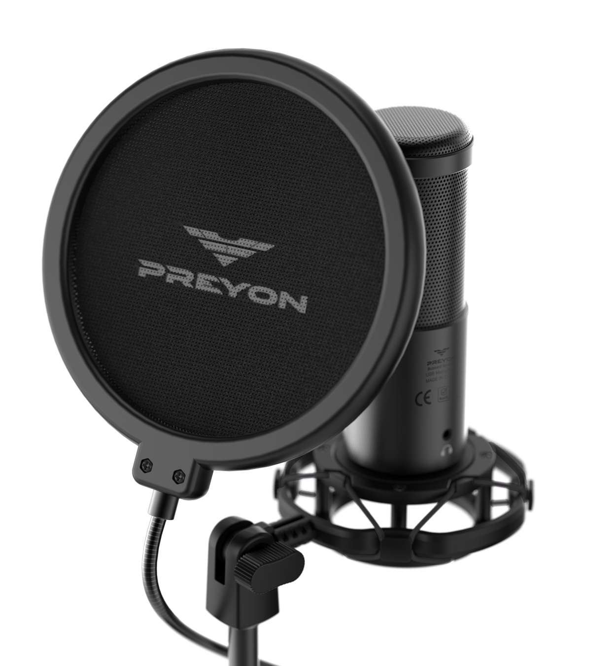 Ein schwarzes Mikrofon mit einem runden schwarzen Pop-Filter davor. Das Preyon-Logo ist auf dem Filter sichtbar.