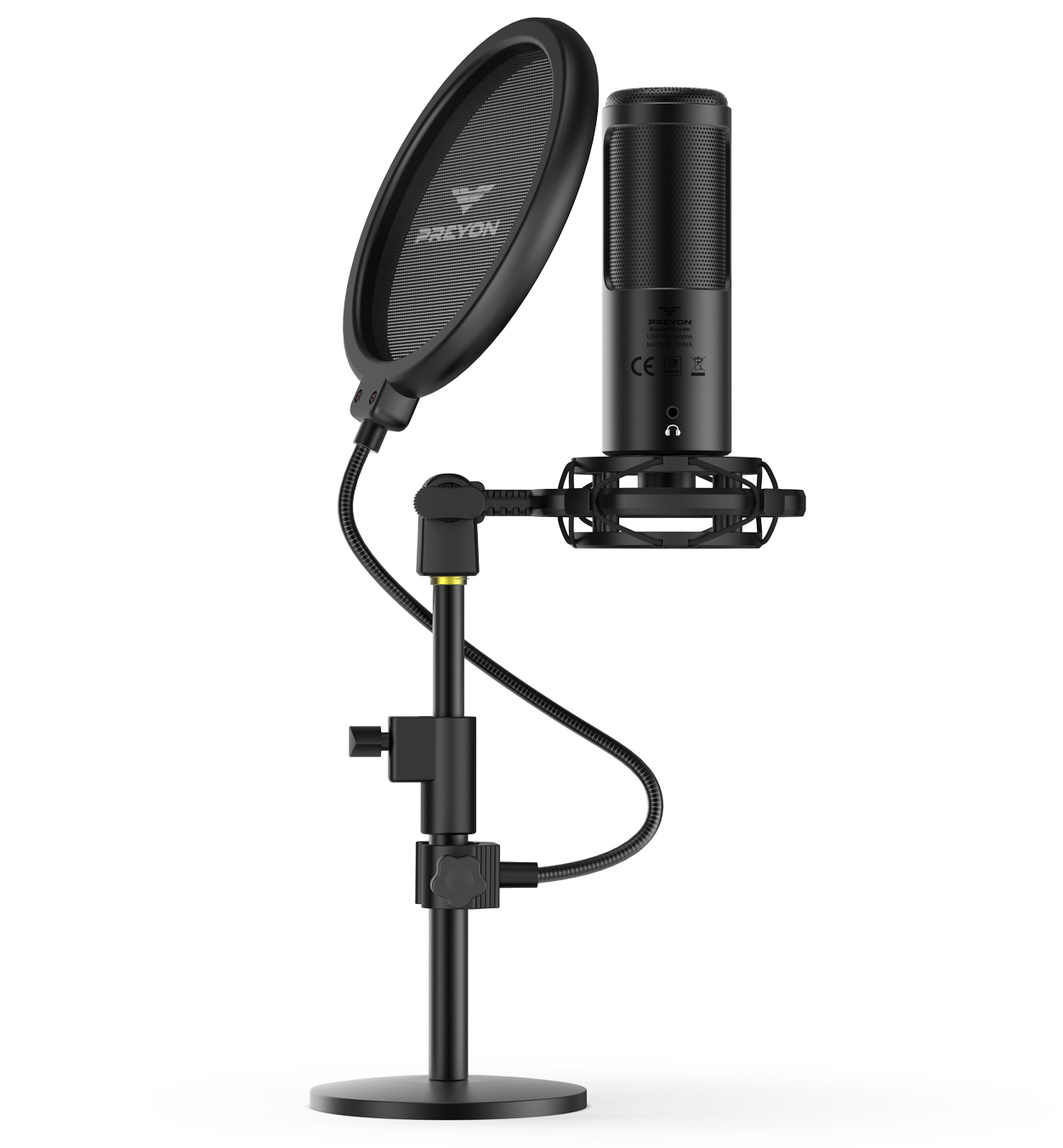 Schwarzes Mikrofon mit Pop-Filter. Ständer und Arm sind schwarz. Mikrofon ist zylindrisch und schwarz.