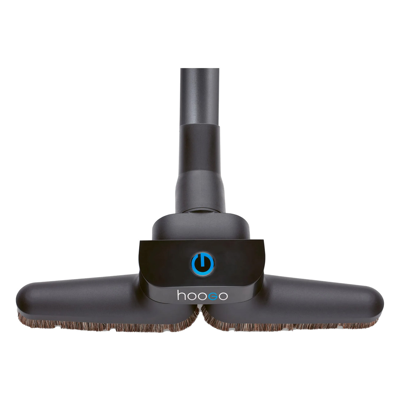 Ein schwarzer Staubsaugerkopf mit blauem Ein-Aus-Knopf und dem Wort "hooGO" darauf.