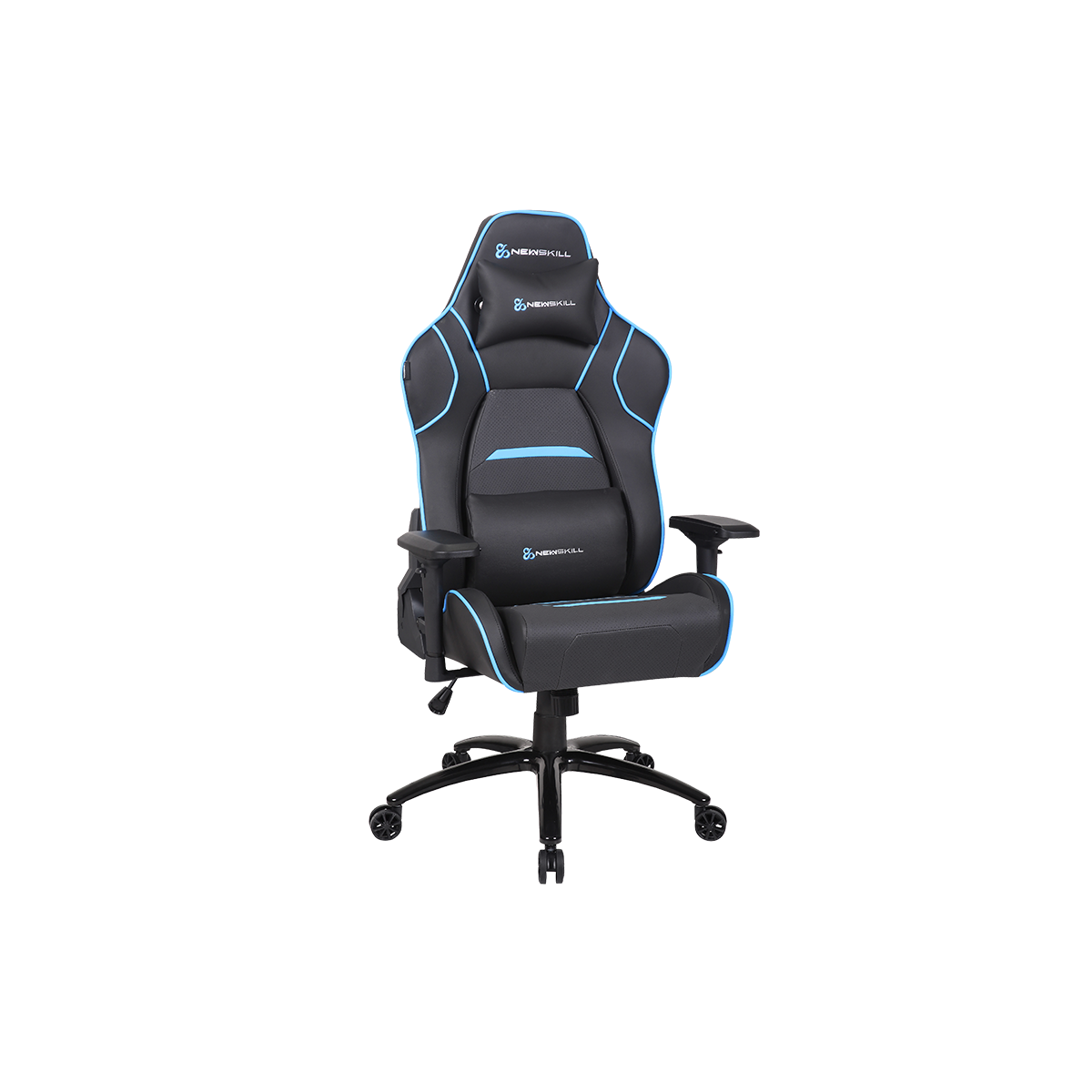 Schwarzer Gaming-Stuhl mit blauen Akzenten auf schwarzem Hintergrund. Der Markenname ist sichtbar.