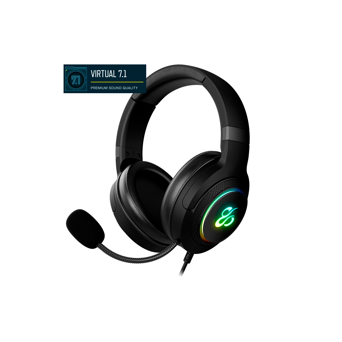 Czarne słuchawki dla graczy z mikrofonem. Kolorowe światła i logo na nausznikach.