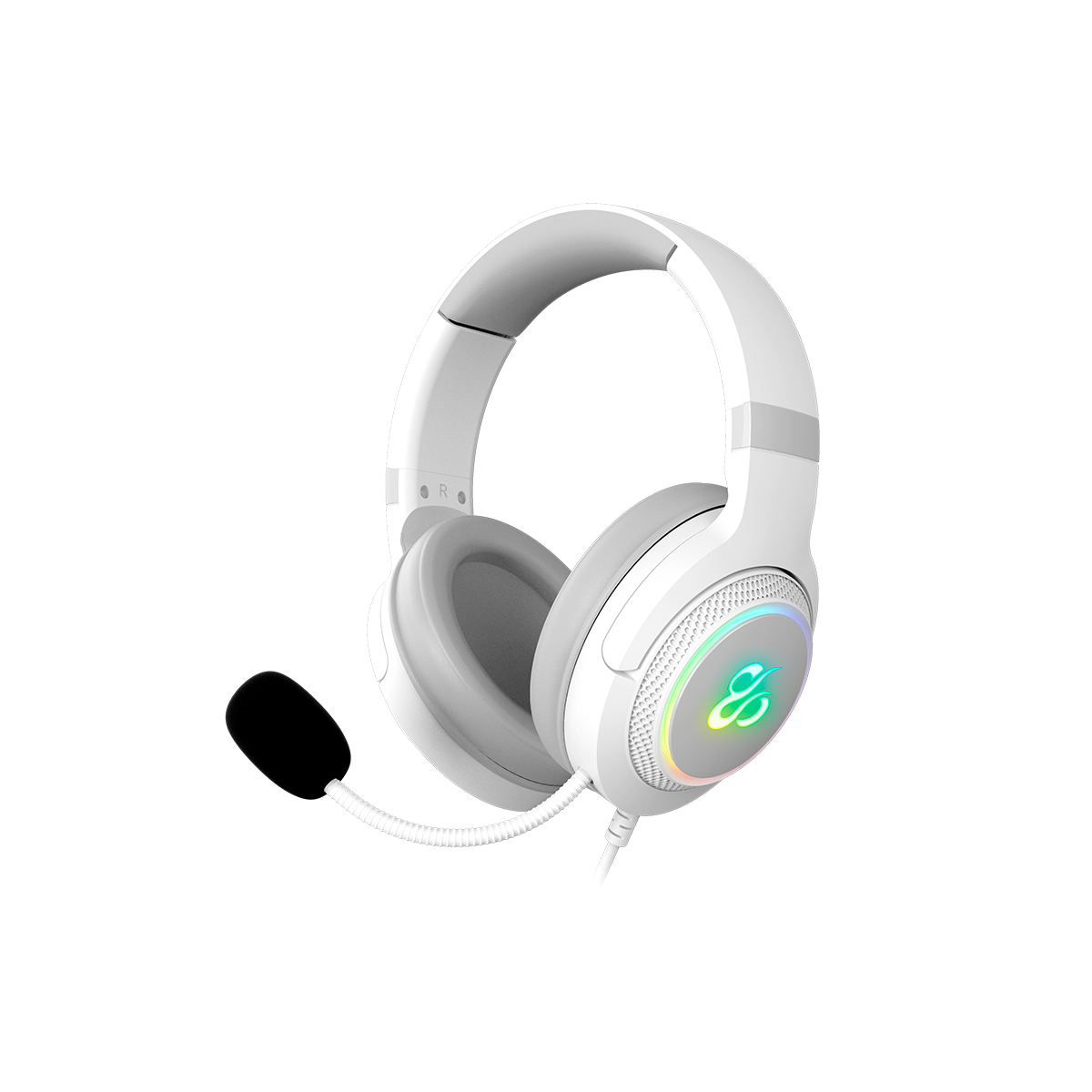 Białe słuchawki dla graczy z mikrofonem, świecącym logo i kablem.