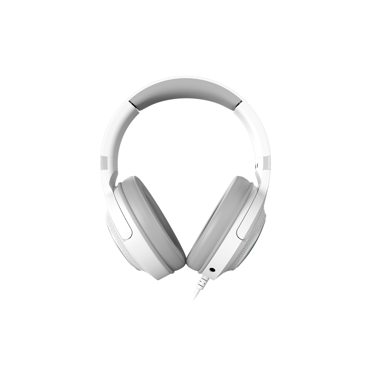 Białe słuchawki z kablem, na czarnym tle.