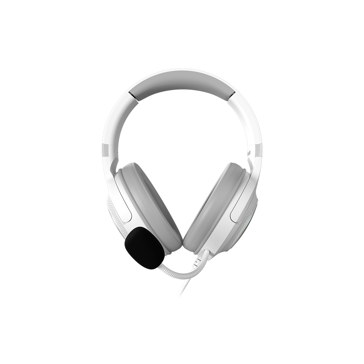 Białe słuchawki do gier z czarnym mikrofonem na czarnym tle.