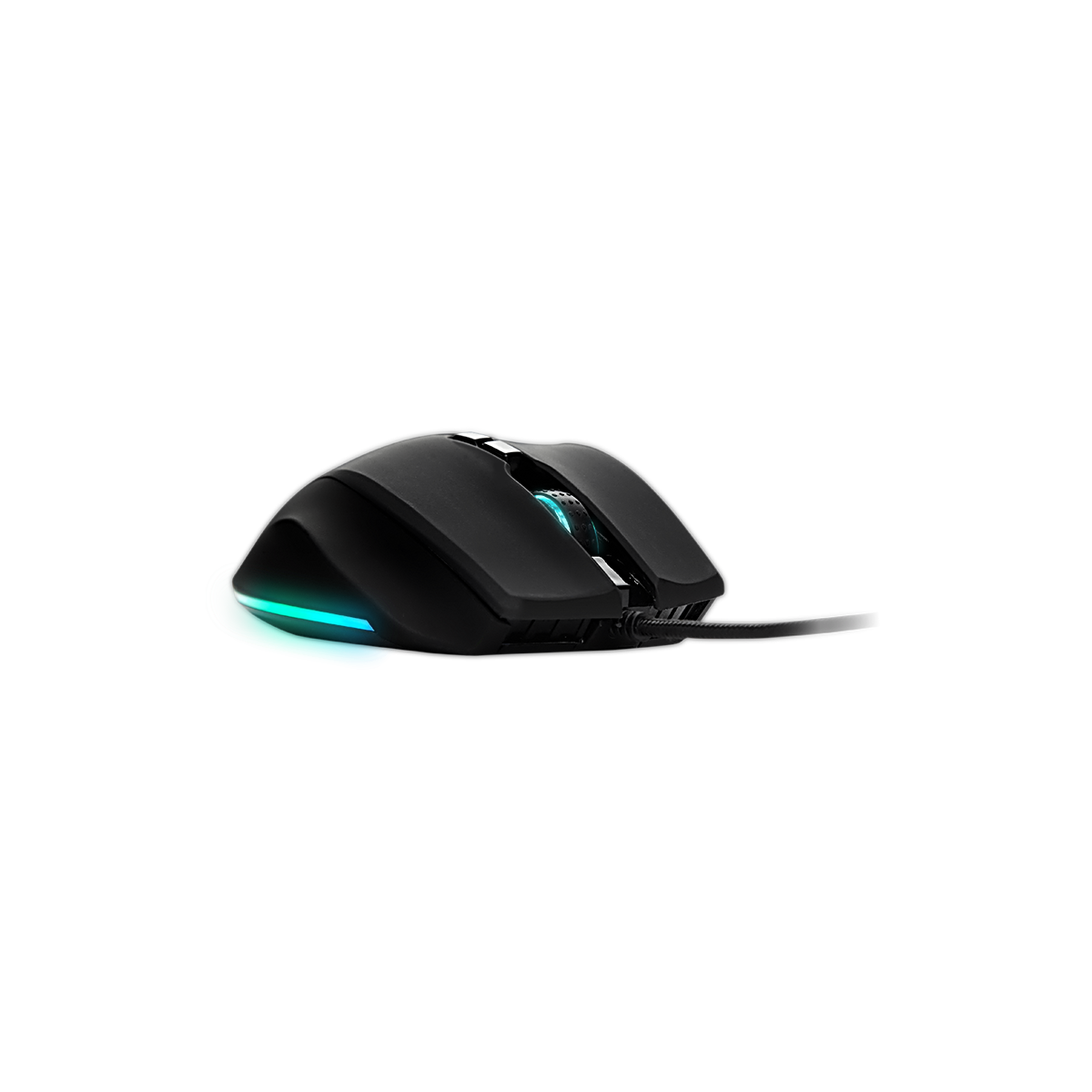 Un mouse da gioco nero, vista laterale, con luci blu e verdi sul fondo, sfondo nero.
