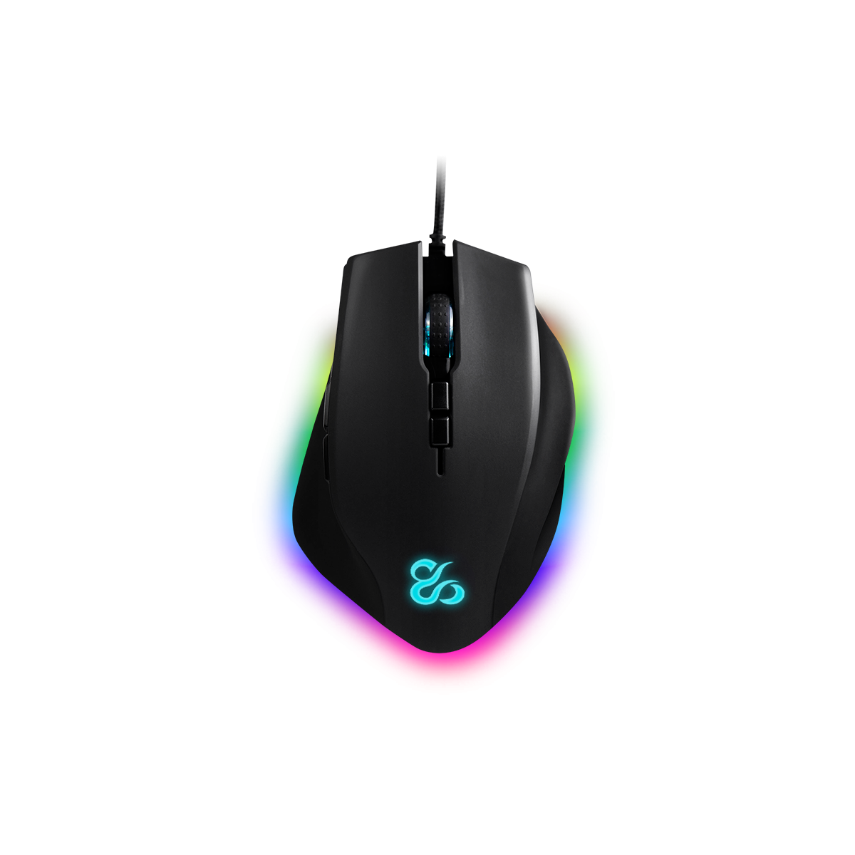Mouse da gaming nero con illuminazione RGB. Ha pulsanti e una rotella di scorrimento.