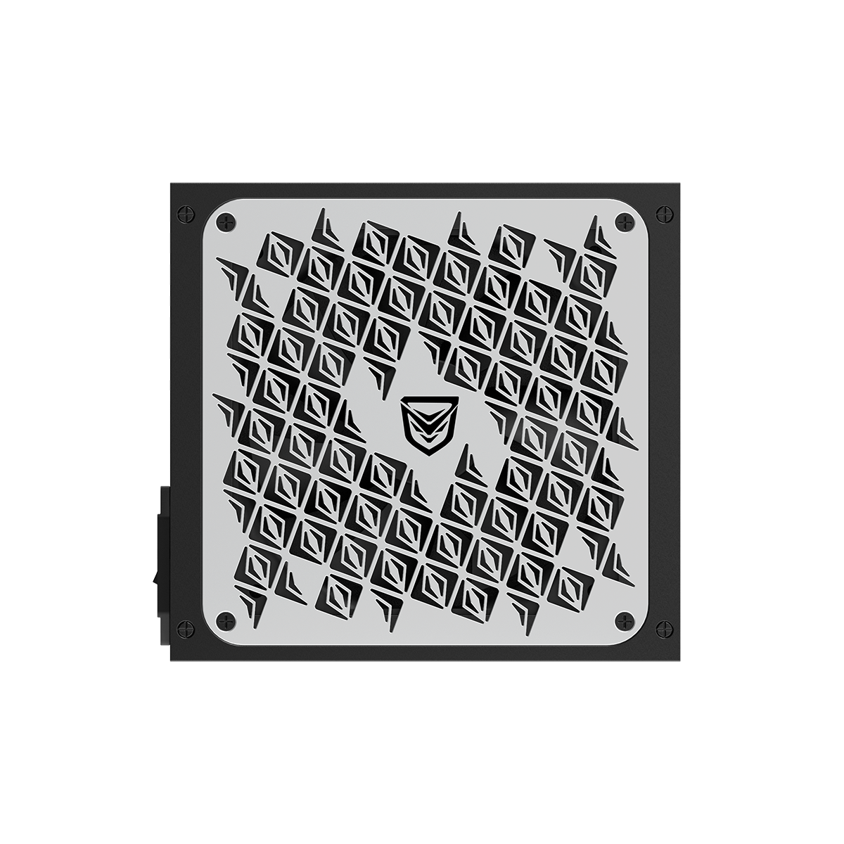 Quadrato nero con un design argentato a motivi di diamanti e un logo.