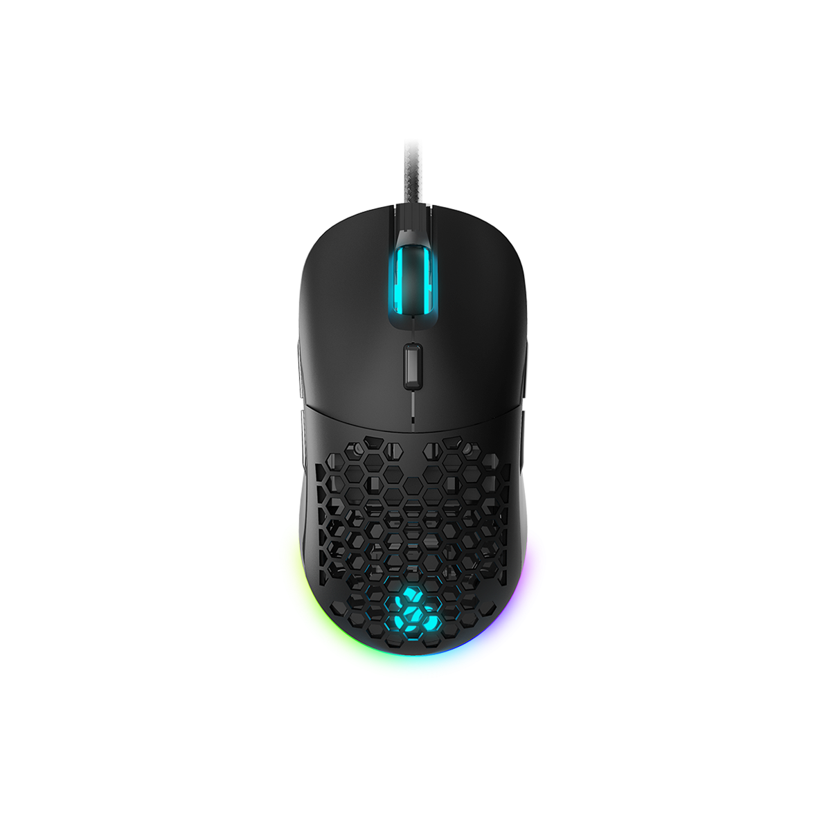 Mouse da gaming: Mouse nero, design a nido d'ape, con base arcobaleno.