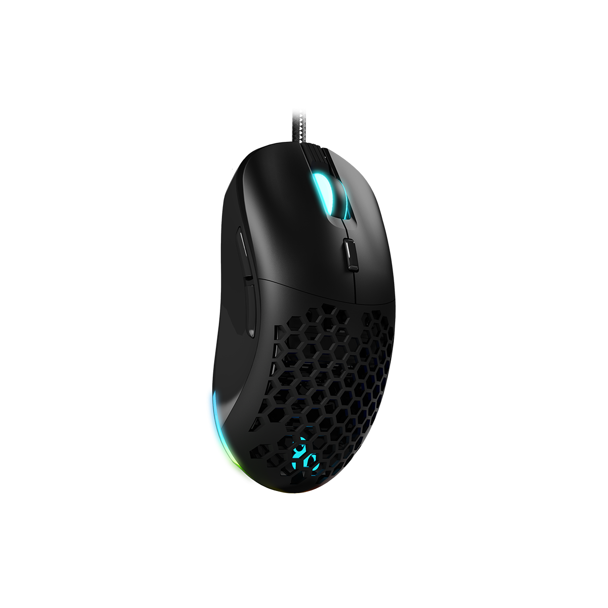 Mouse da gioco nero con illuminazione RGB. Ha un design a nido d'ape sul fondo.