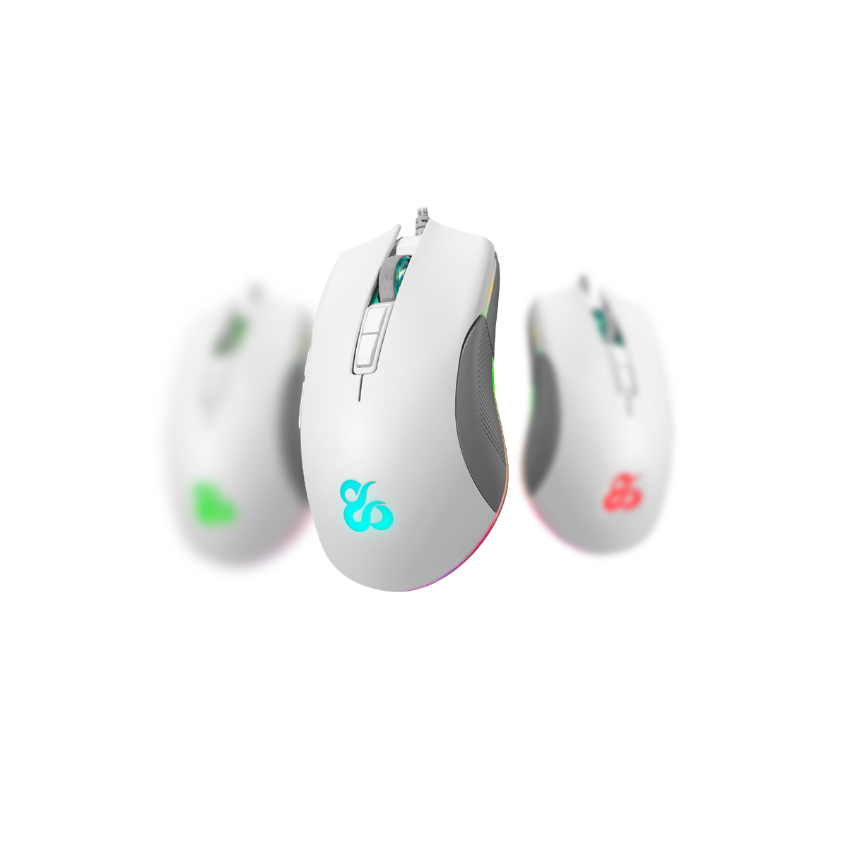 Tre mouse da gioco bianchi con illuminazione RGB. Il mouse centrale è il più dettagliato.