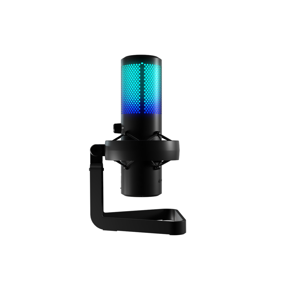 Un micrófono negro con una pantalla de luz azul y verde azulado en un soporte.