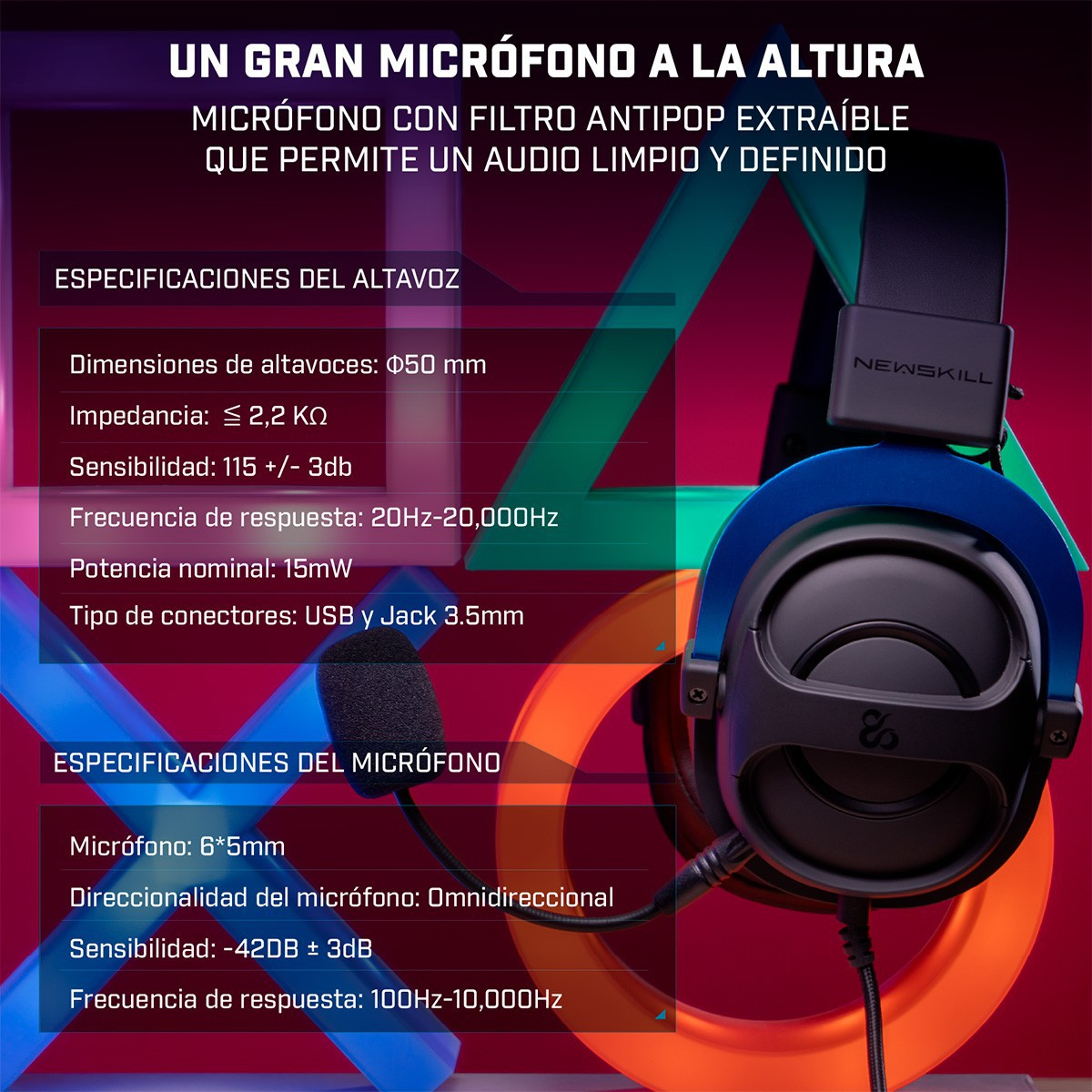 Primo piano di una scatola di cuffie da gaming blu e verde acqua con specifiche. Dettagli.