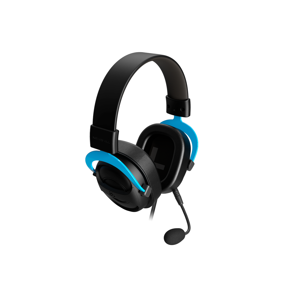 Cuffie da gioco nere e blu. Ha un microfono e una fascia. Lo sfondo è nero.
