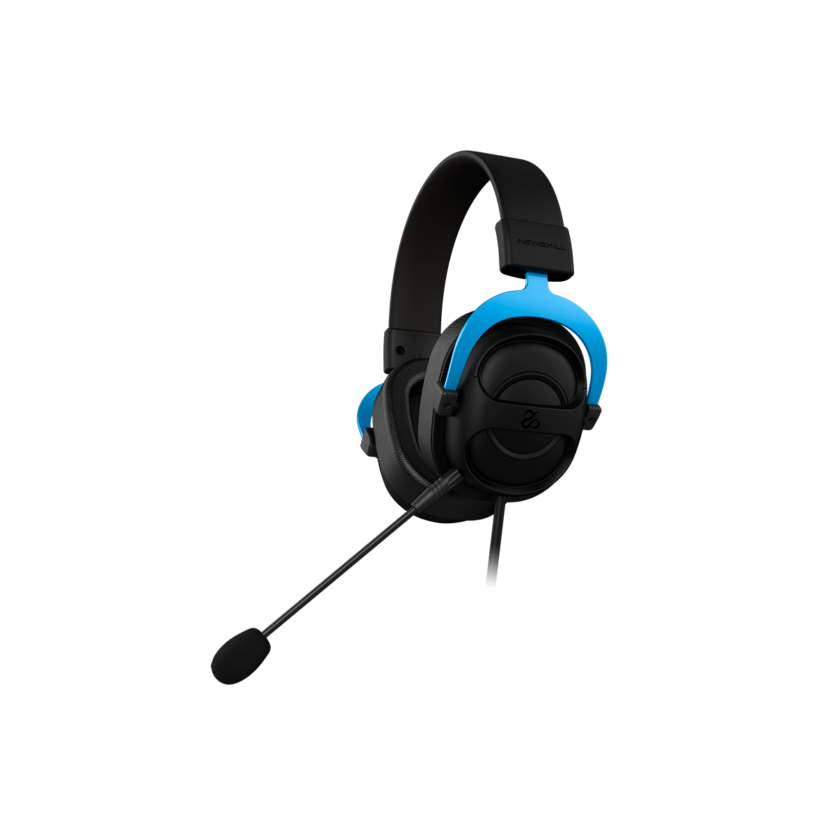 Cuffie da gioco nere e blu su sfondo nero.