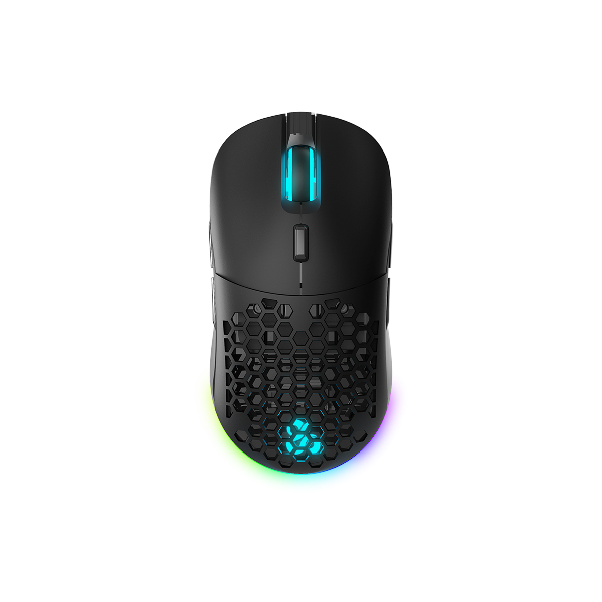 Mouse da gaming nero con illuminazione RGB. Il mouse ha un design a nido d'ape.