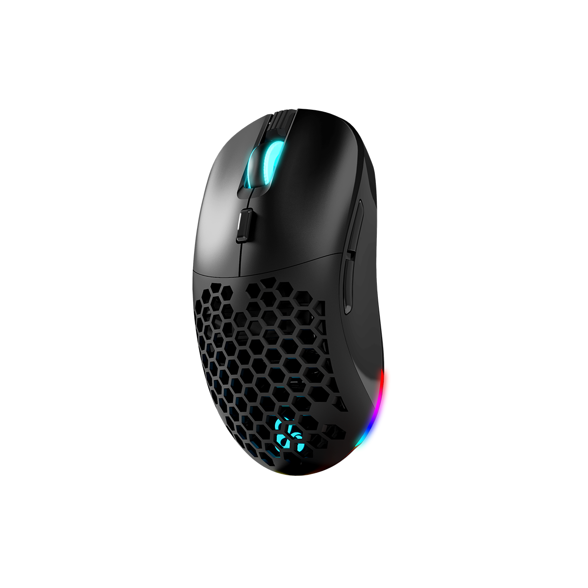 Mouse da gaming nero con design a nido d'ape e illuminazione RGB. Sfondo nero.