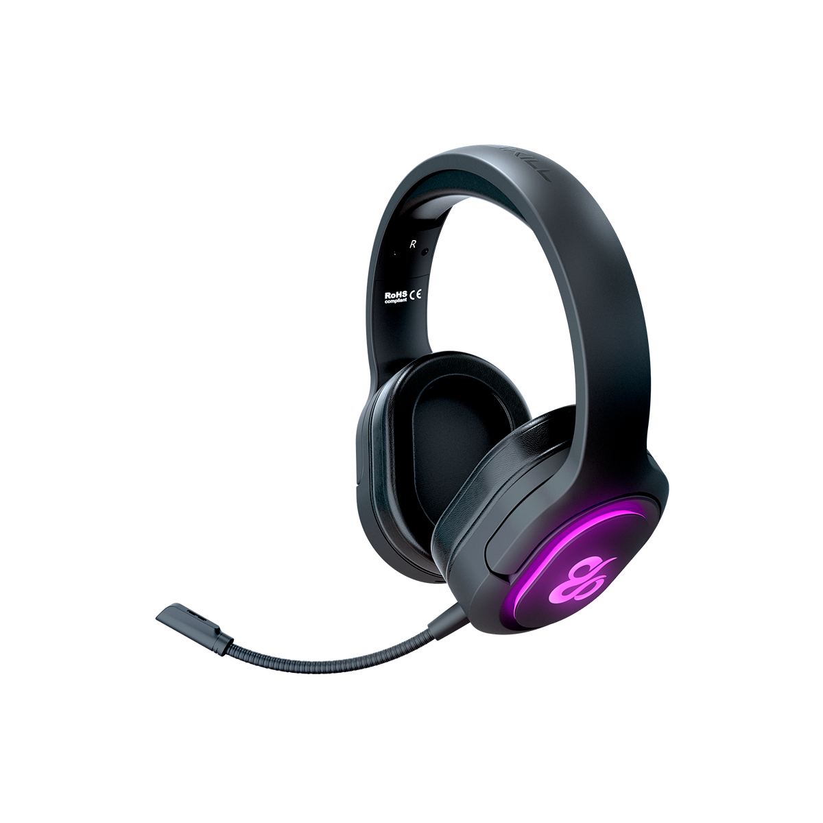 Schwarzes Gaming-Headset mit Mikrofon und pinkfarbenem Logo auf der Ohrmuschel. Schwarzer Hintergrund.