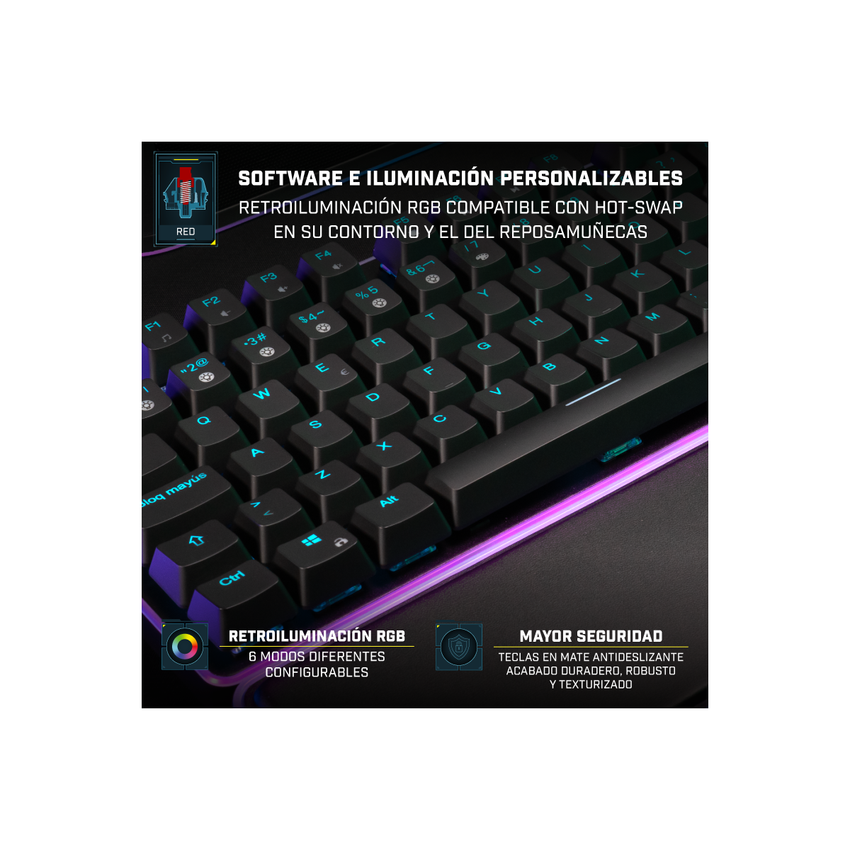 Tastiera nera con illuminazione RGB e testo che descrive le funzionalità, con una luce viola.