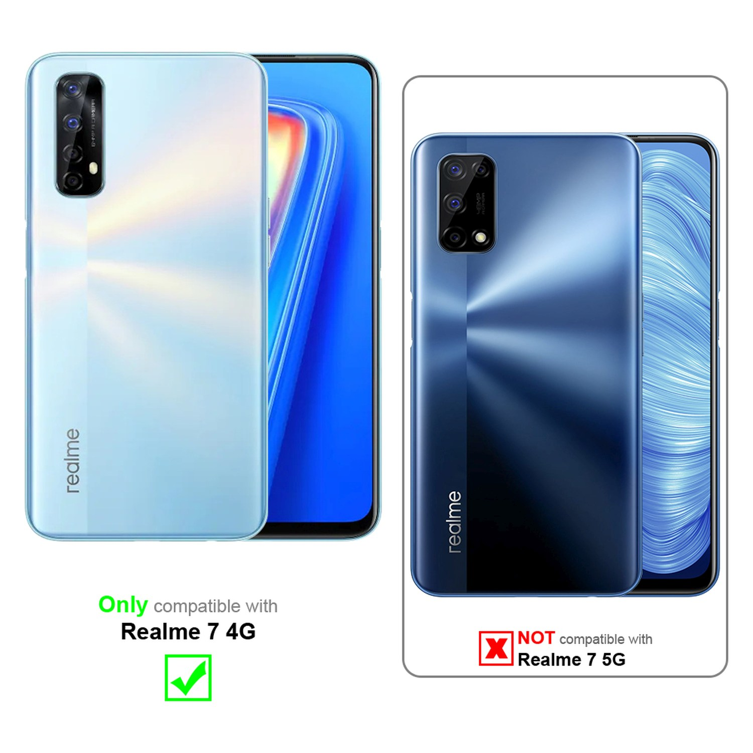 Due telefoni affiancati: Realme 7 4G (compatibile) e Realme 7 5G (incompatibile). Blu e bianco.