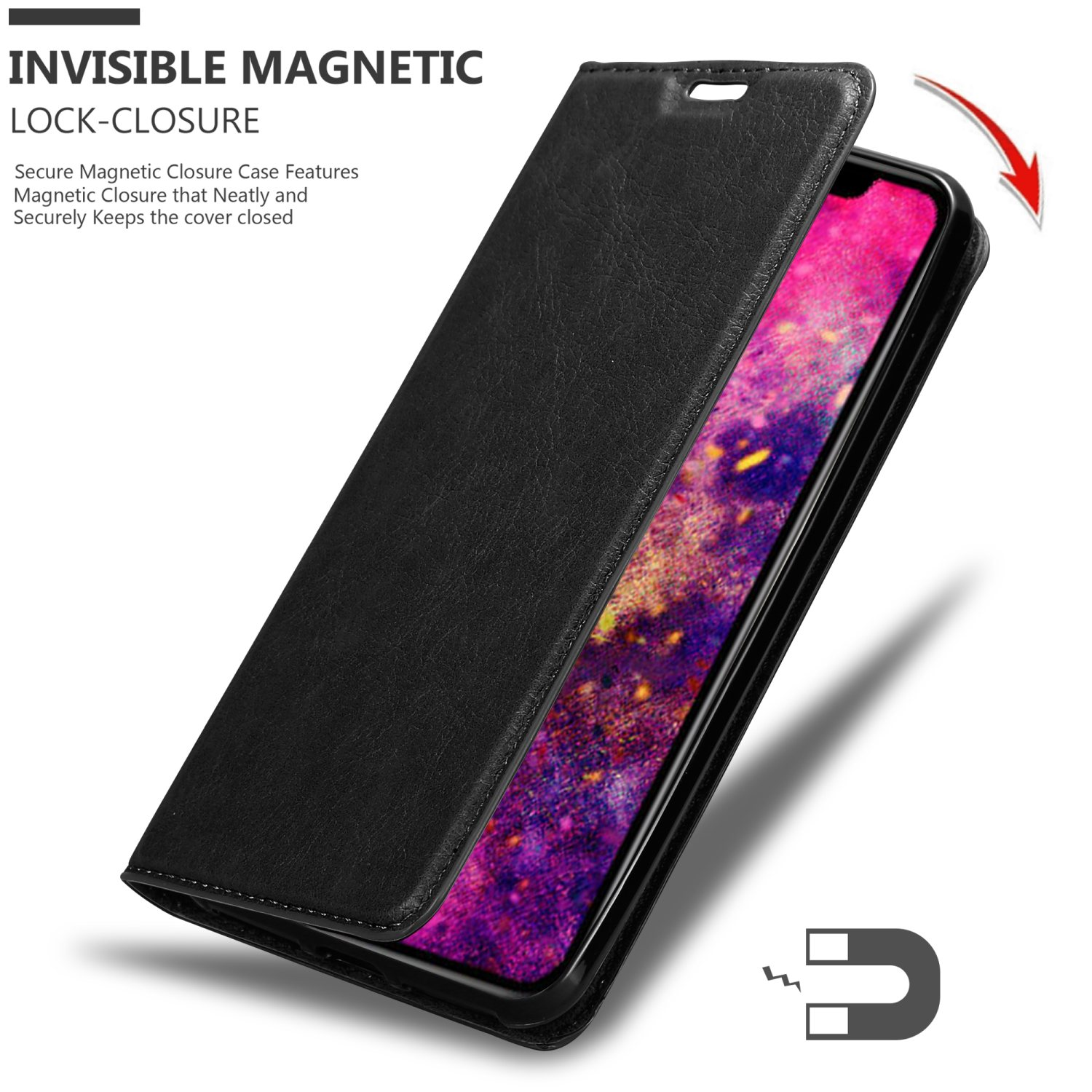 Schwarze Handyhülle mit aufklappbarem Deckel. Ein Magnet und ein Telefon sind sichtbar.