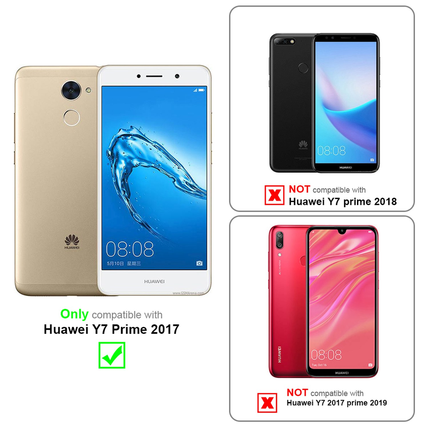 Bilder von Huawei-Telefonen, die die Kompatibilität mit Y7 Prime 2017 zeigen, nicht mit 2018/2019-Modellen.