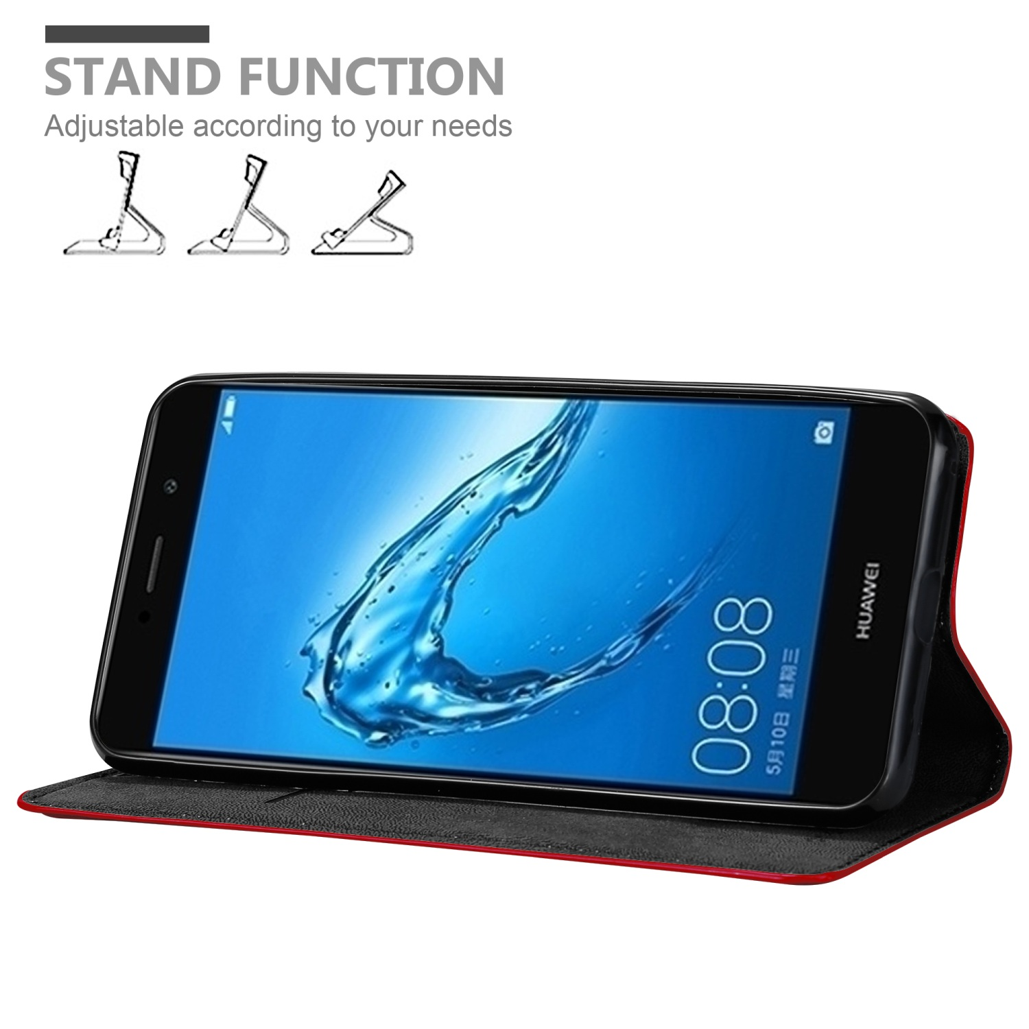 Telefon in einer Hülle. Huawei-Logo. Rote und schwarze Hülle. Standfunktion.