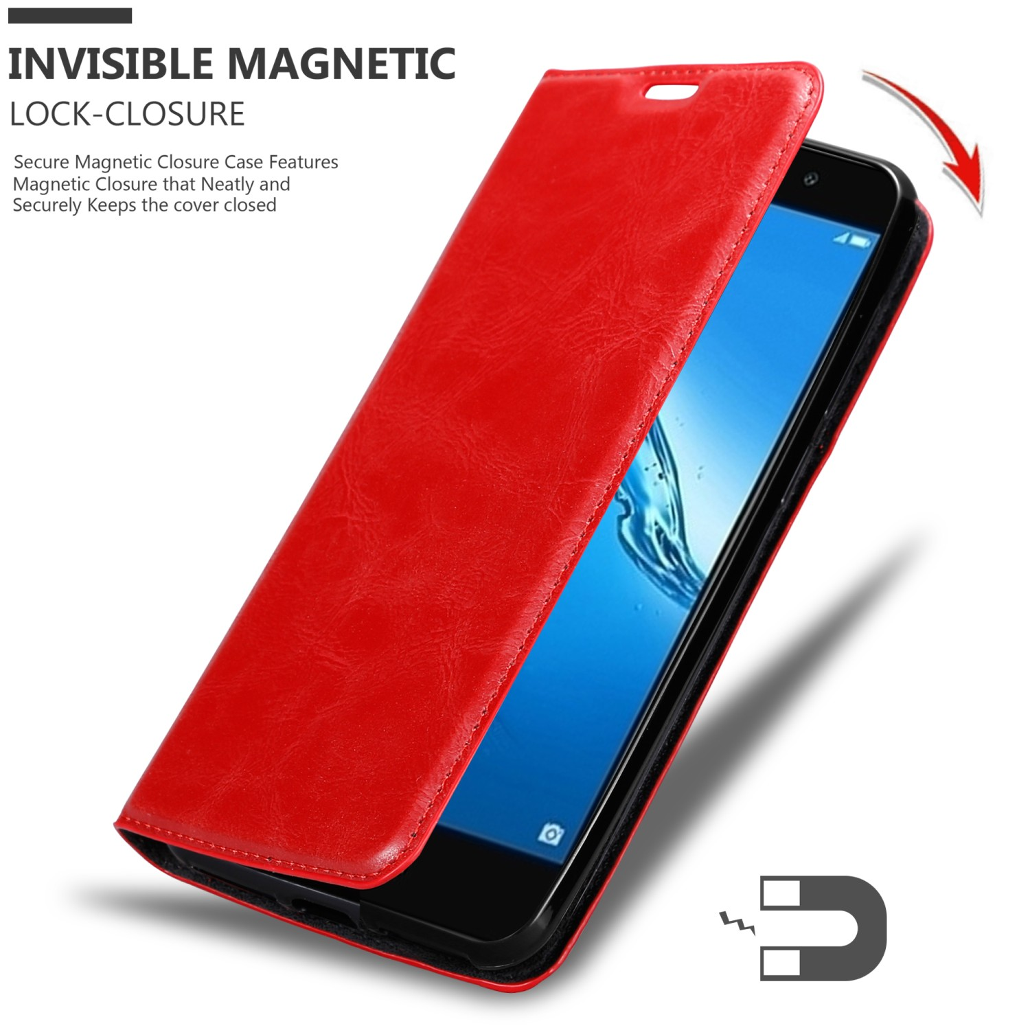 Custodia per telefono rossa, texture in pelle, con un telefono all'interno. Mostrata la chiusura magnetica.