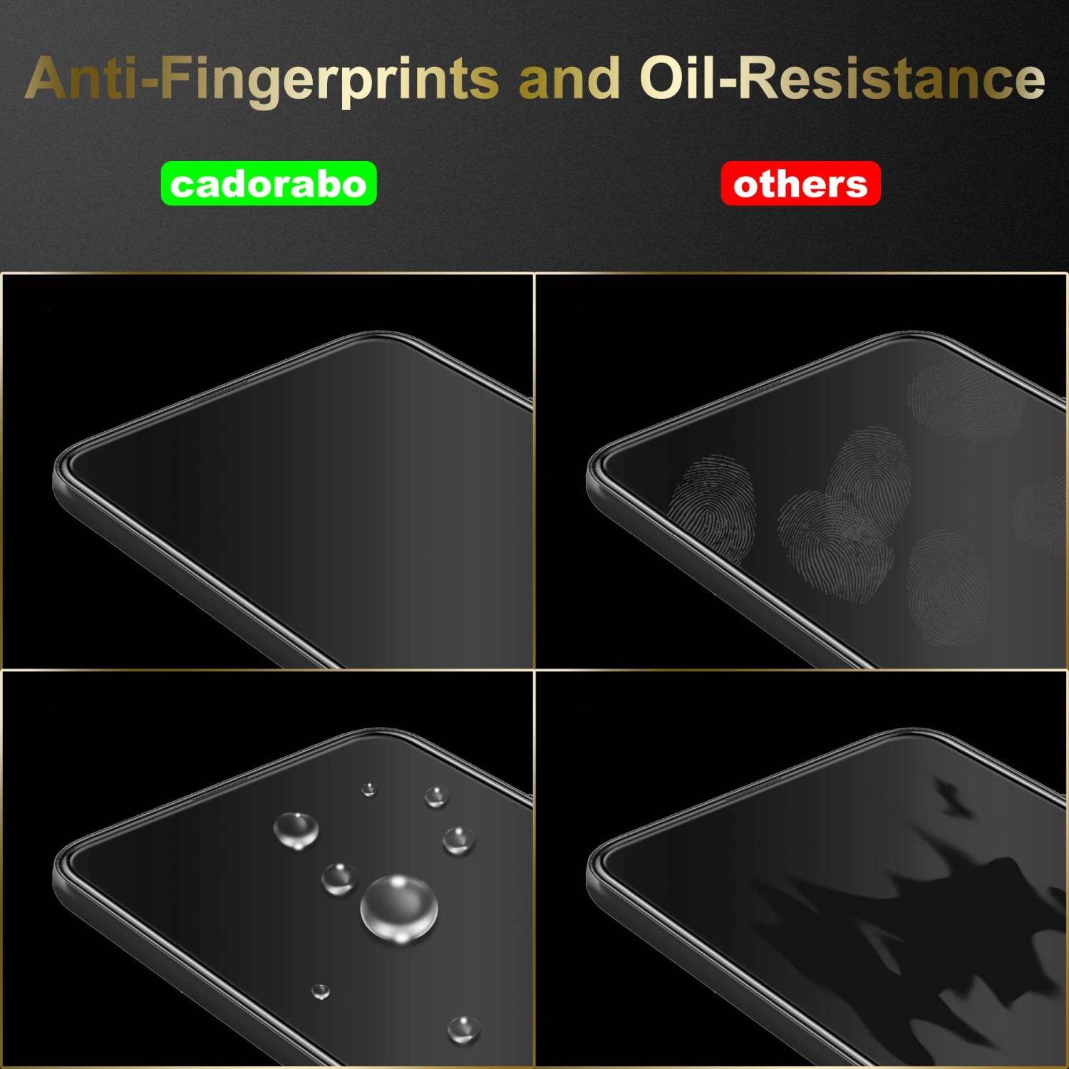 Image comparant les écrans de téléphone, montrant des propriétés anti-empreintes digitales et résistantes à l'huile.