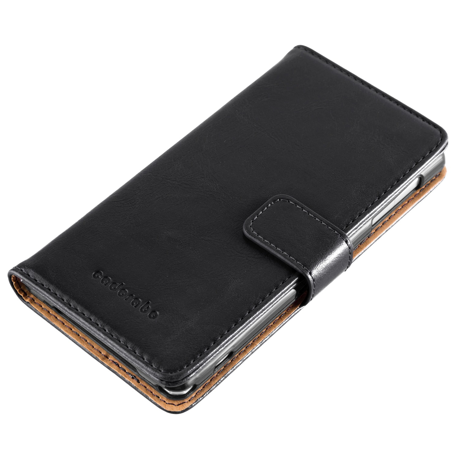 Custodia per telefono nera con patta. La custodia ha una fodera marrone e una chiusura magnetica.