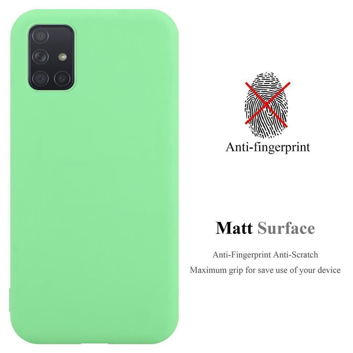 Eine hellgrüne Handyhülle mit Text, die angibt, dass sie anti-Fingerabdruck und kratzfest ist, mit matter Oberfläche.