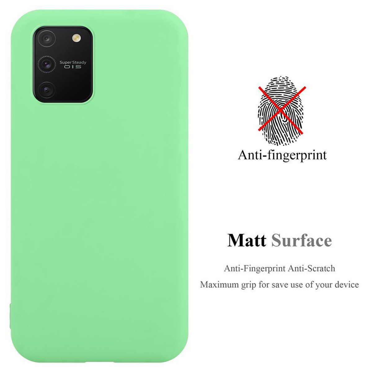 Custodia per telefono verde con etichetta anti-impronta e immagine del telefono.