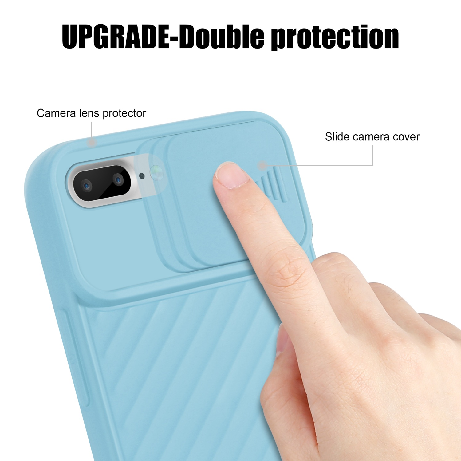 Hellblaue Handyhülle mit Schiebekamera. Ein Finger berührt die Abdeckung. Text: 'UPGRADE-Doppelschutz'.