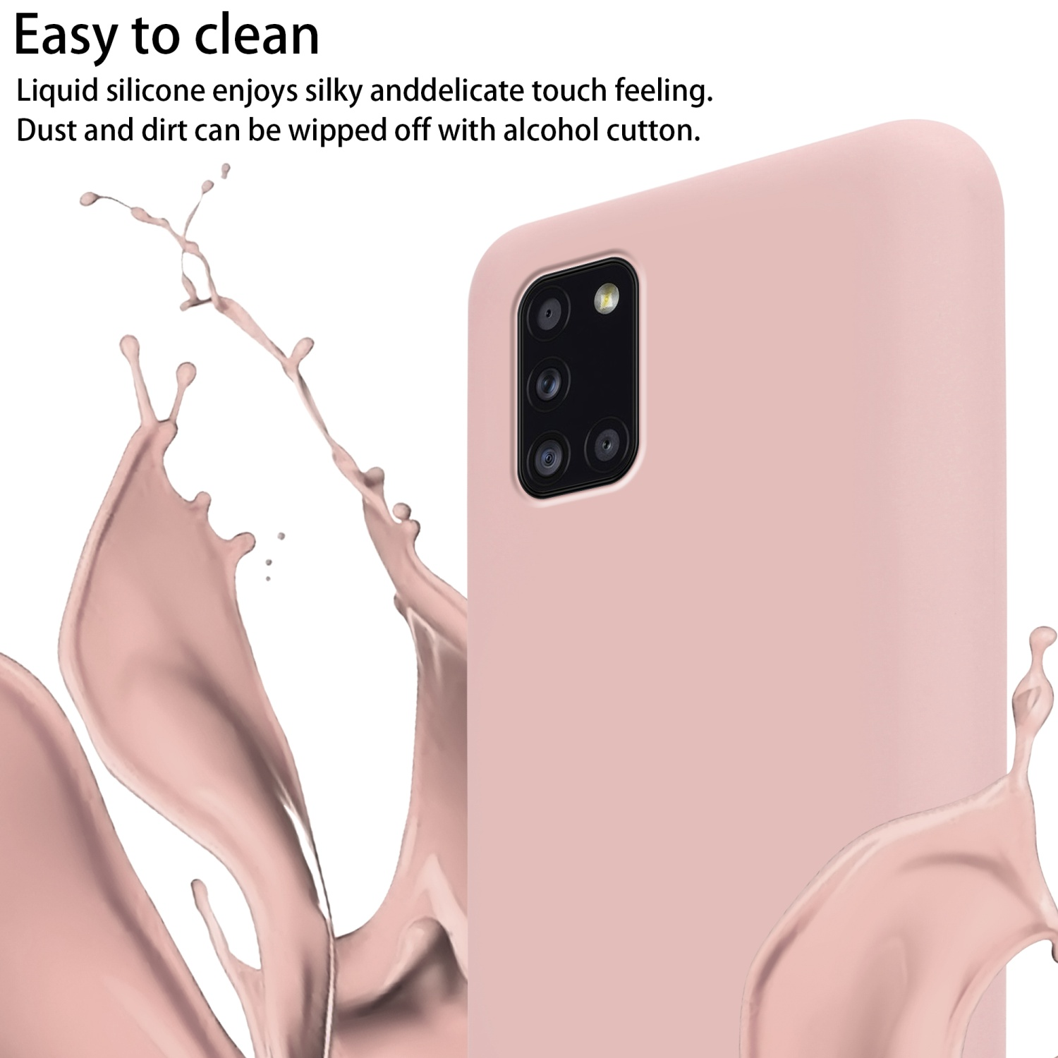 Custodia per telefono rosa, primo piano, con schizzo di liquido e testo sulla pulizia facile.