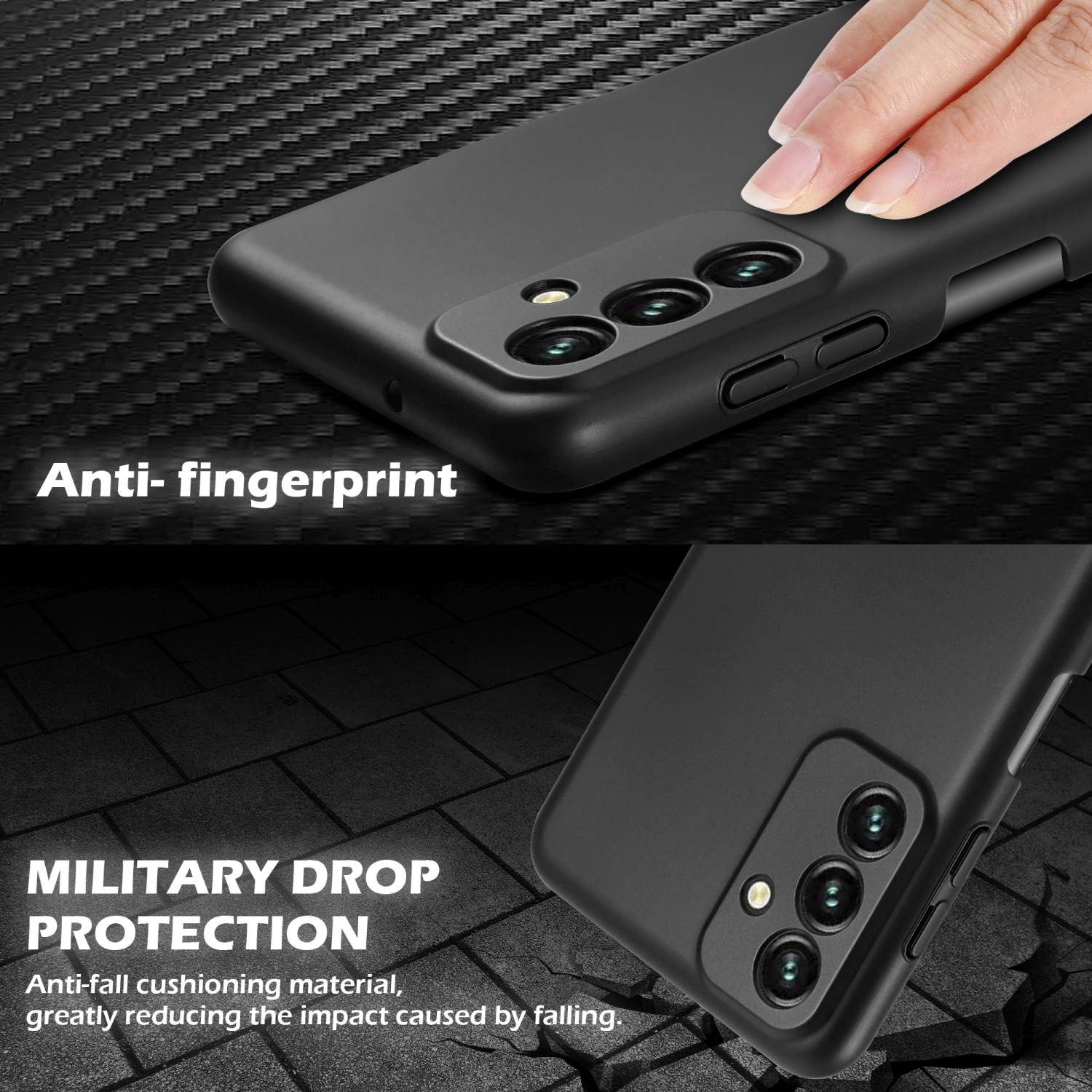 Nahaufnahme einer schwarzen Handyhülle mit Anti-Fingerabdruck und Fallschutz.