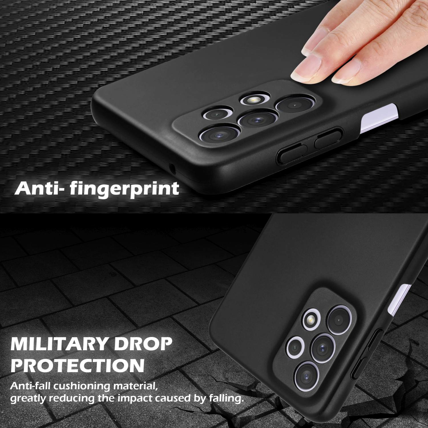 Schwarze Handyhülle, Nahaufnahme, Text über Anti-Fingerabdruck und Fallschutz.