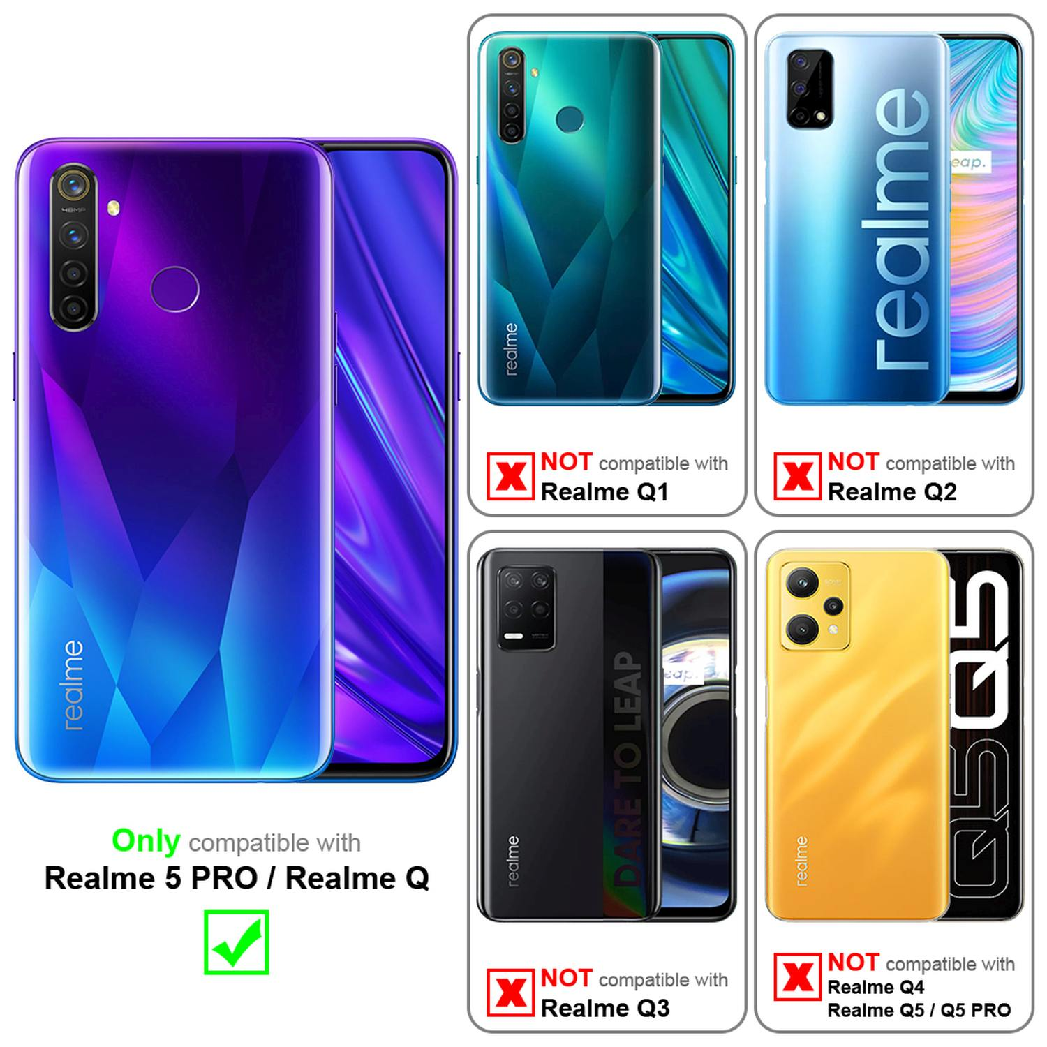 Custodie per telefono con diversi modelli. Solo Realme 5 Pro/Q è compatibile, gli altri no.