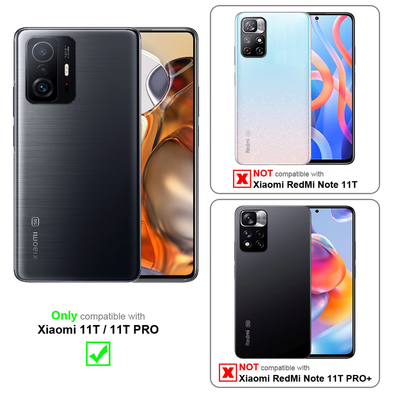 Handyhüllen mit verschiedenen Telefonmodellen. Nur Xiaomi 11T/11T PRO ist kompatibel, andere nicht.