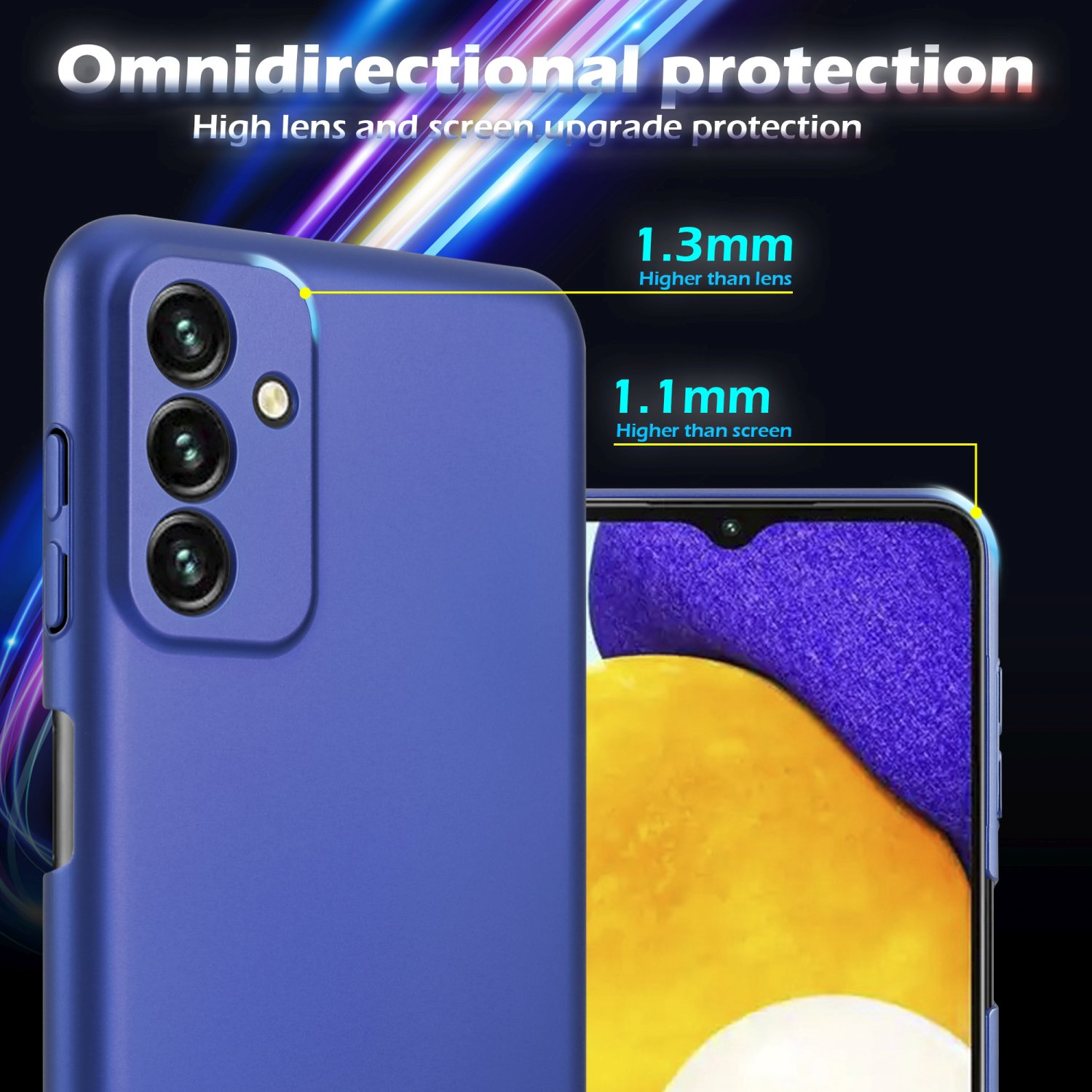 Nahaufnahme einer blauen Handyhülle auf einem Telefon. Text weist auf Objektiv- und Bildschirmschutz hin.