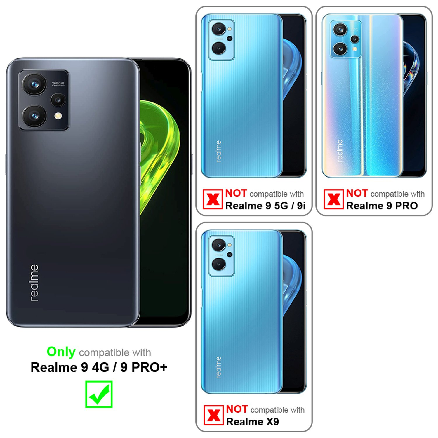 Telefonhüllen-Vergleich: Realme-Telefone. Mehrere Hüllen und Telefone mit Text.