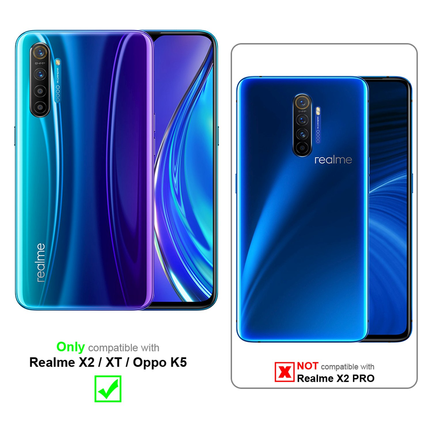 Due telefoni, verde acqua e blu, con logo 'Realme'. Il testo indica la compatibilità: Realme X2/XT/Oppo K5.