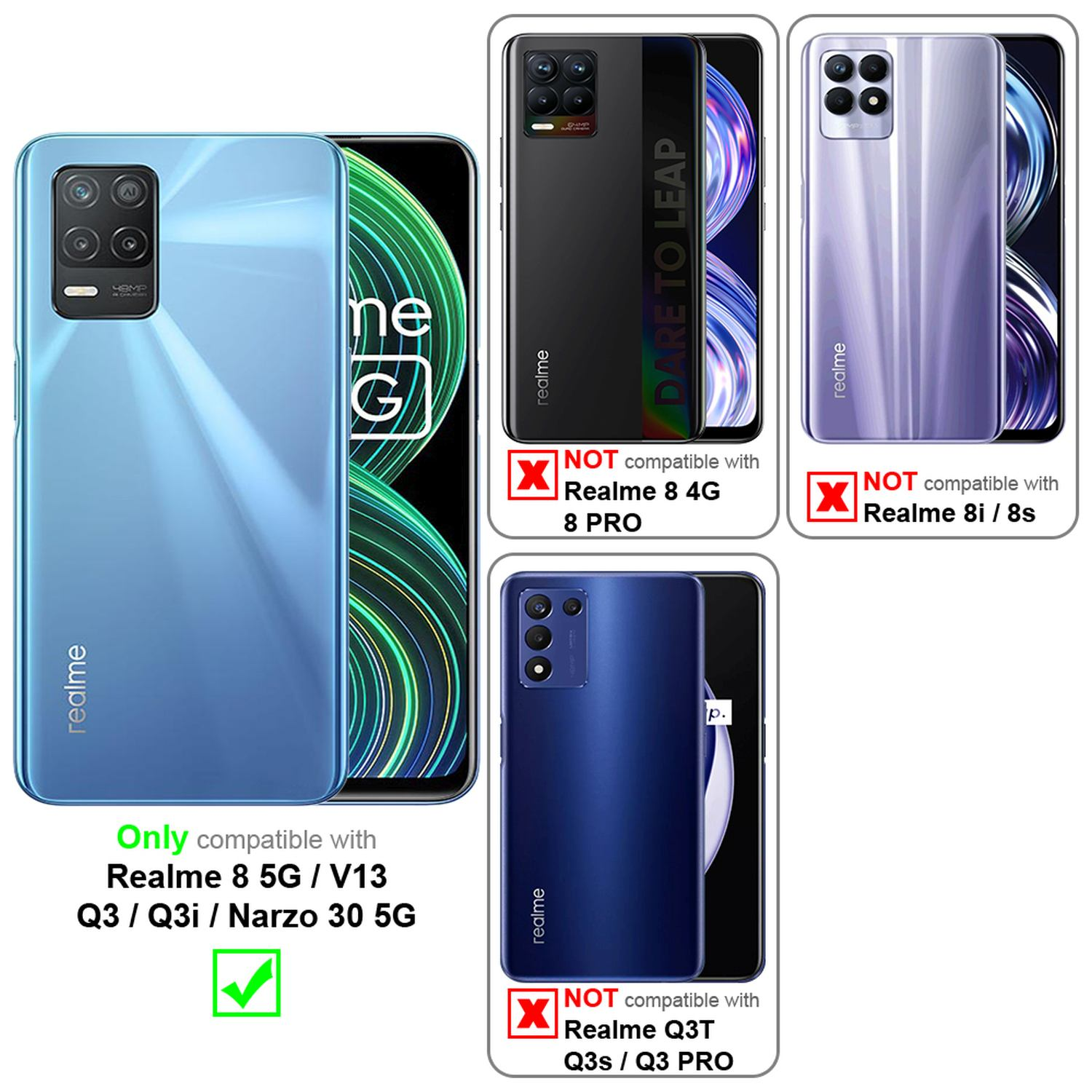 Custodie per telefono con diversi modelli. Solo Realme 8 5G/V13/Q3/Q3i/Narzo 30 5G è compatibile, gli altri no.