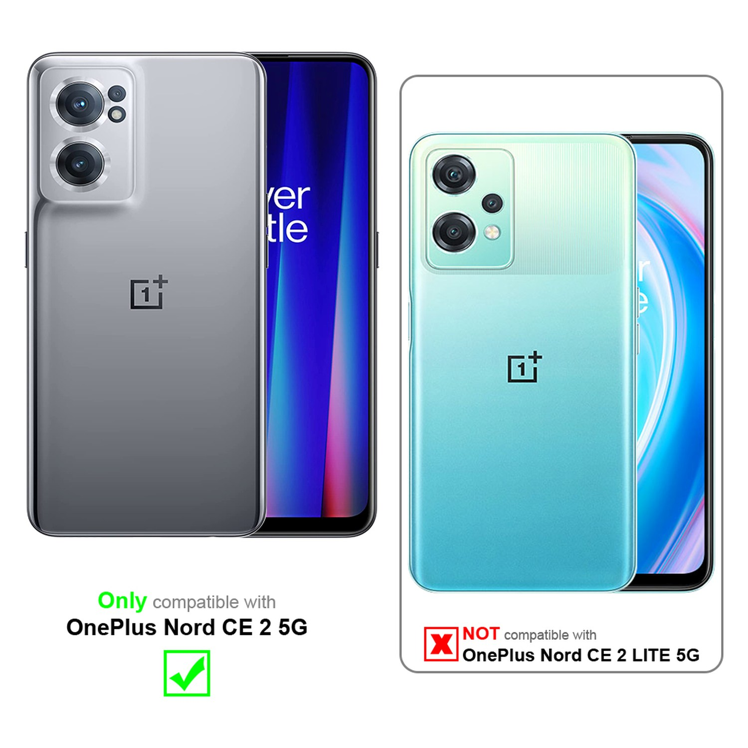 Zwei Telefone, grau und blaugrün, mit 'OnePlus'-Logo. Text zeigt Kompatibilität: OnePlus Nord CE 2 5G.